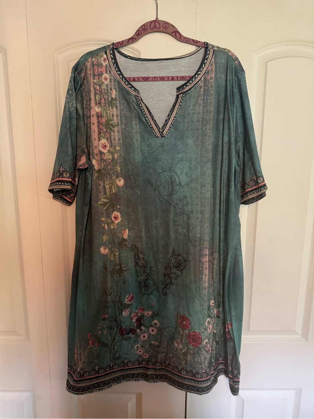 Teal Floral V‑Neck Tunic Top
